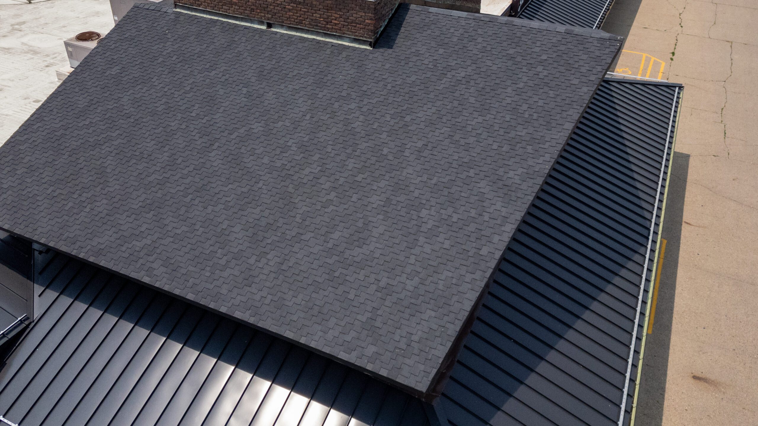 Overhead close-up of Sherwood Forest roof shingles installed by Wolf Roofing