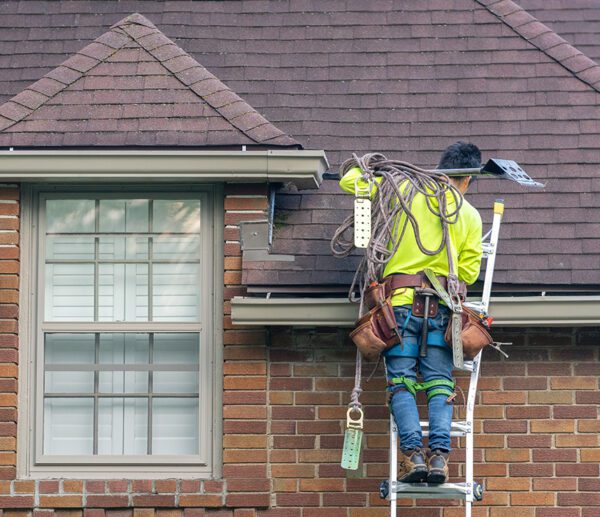 Worker on a ladder preparing for a roof replacement