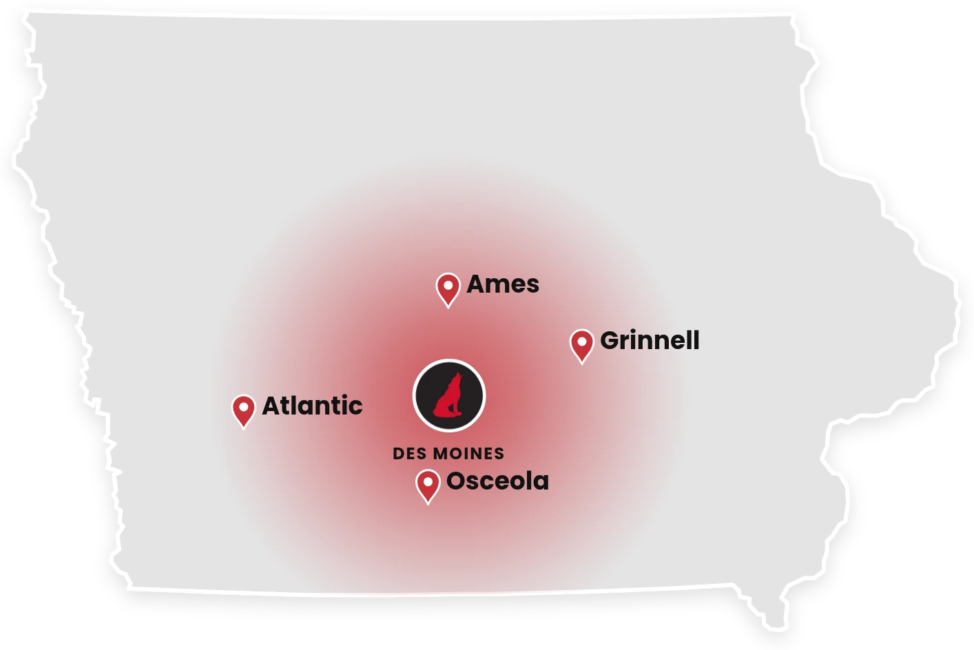Map of Iowa showing Wolf Roofing’s service area radiating about 70 miles from Des Moines, including Ames, Grinnell, Osceola and Atlantic
