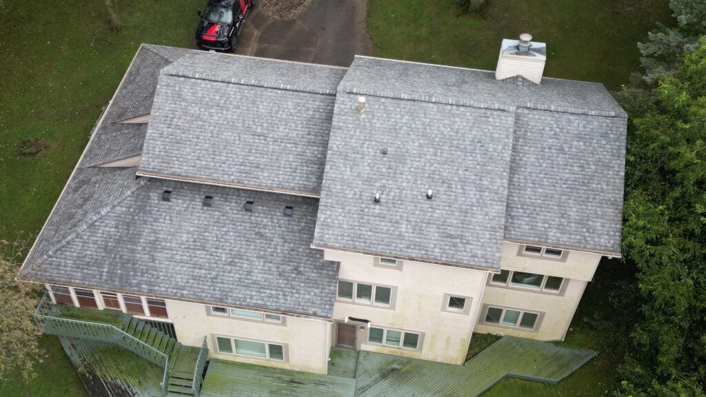 Aerial Georgetown Gray Roof West Des Moines Aerial view of a CertainTeed Landmark Georgetown Gray roof in West Des Moines, IA