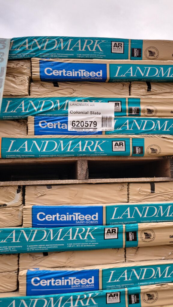 CertainTeed Landmark Colonial Slate Shingle Bundles CertainTeed Landmark shingle bundles in Colonial Slate ready for install