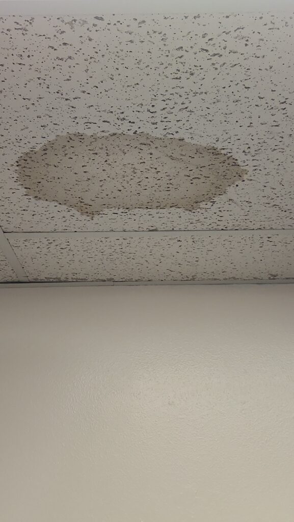 Water stain on a drop ceiling tile from a commercial roof leak