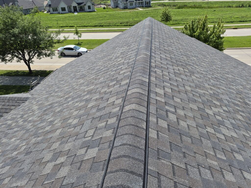 New Roof Ridge Cap, Driftwood Shingles, Ankeny New ridge cap on Driftwood shingles after an Ankeny roof replacement