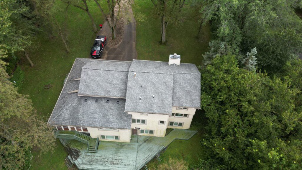 West Des Moines New Roof Aerial Aerial view of a West Des Moines home after its roof replacement