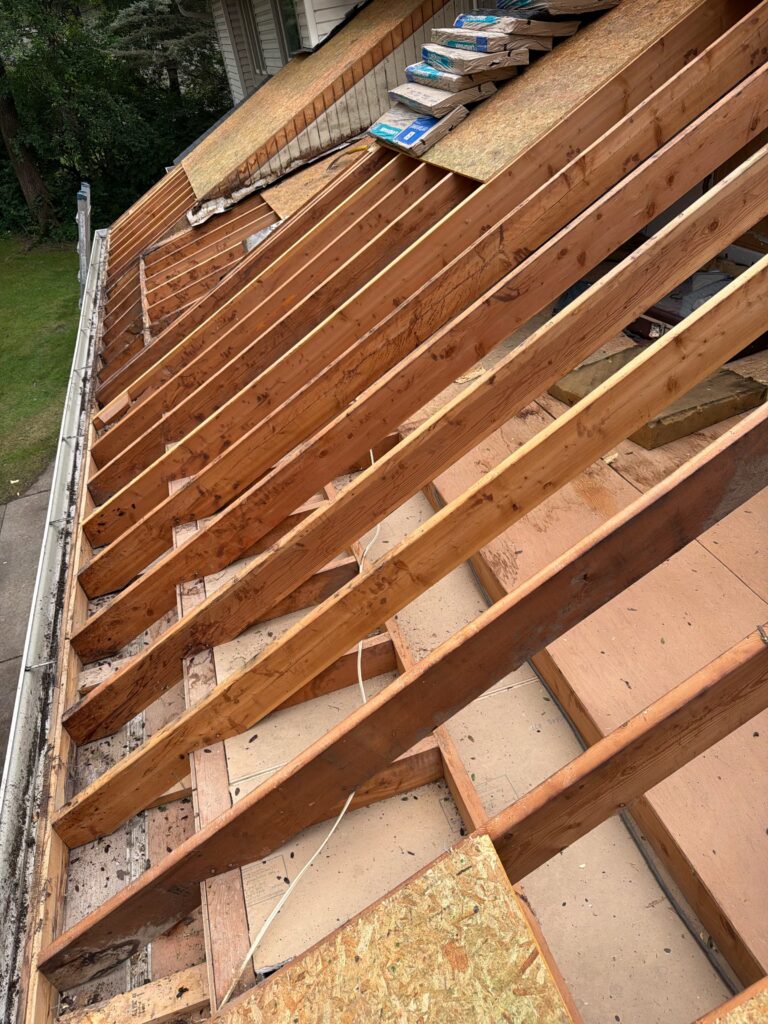 Roof Decking Exposed During Tear-Off Roof decking exposed during tear-off on a West Des Moines home